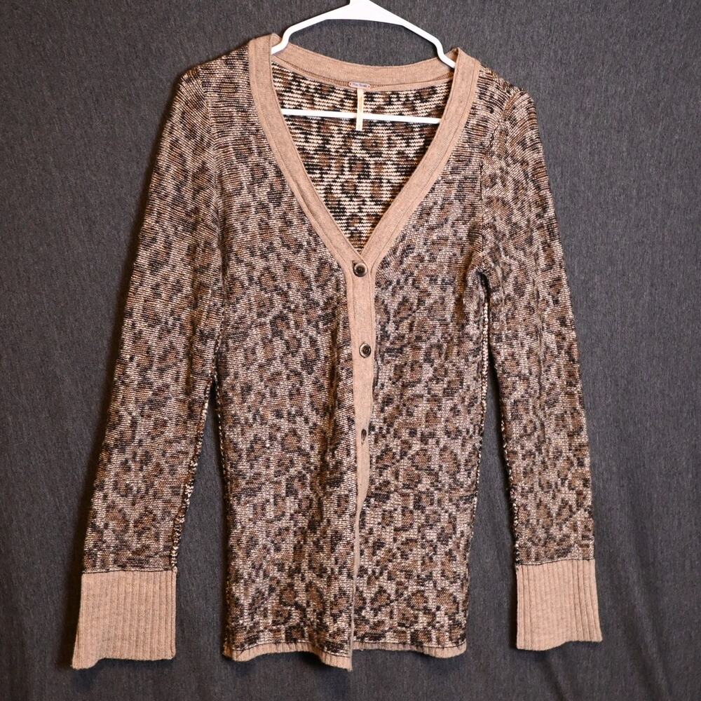 Free People Women's S V-Neck Button-Front Cardigan Animal Print Ribbon Cuff